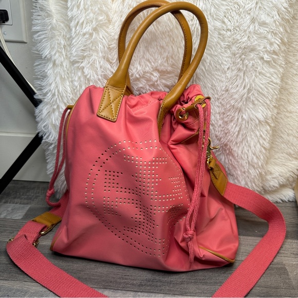 Tory Burch Pink Tote Crossbody Bag Purse Leather Handle Nylon Handbag - Picture 5 of 14